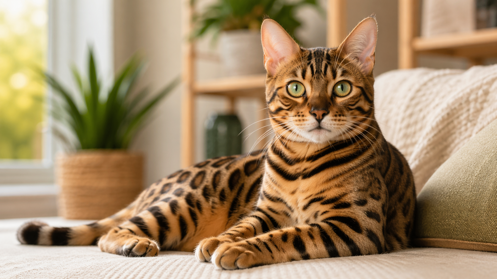 Cozy Bengal cat in sunlit living room