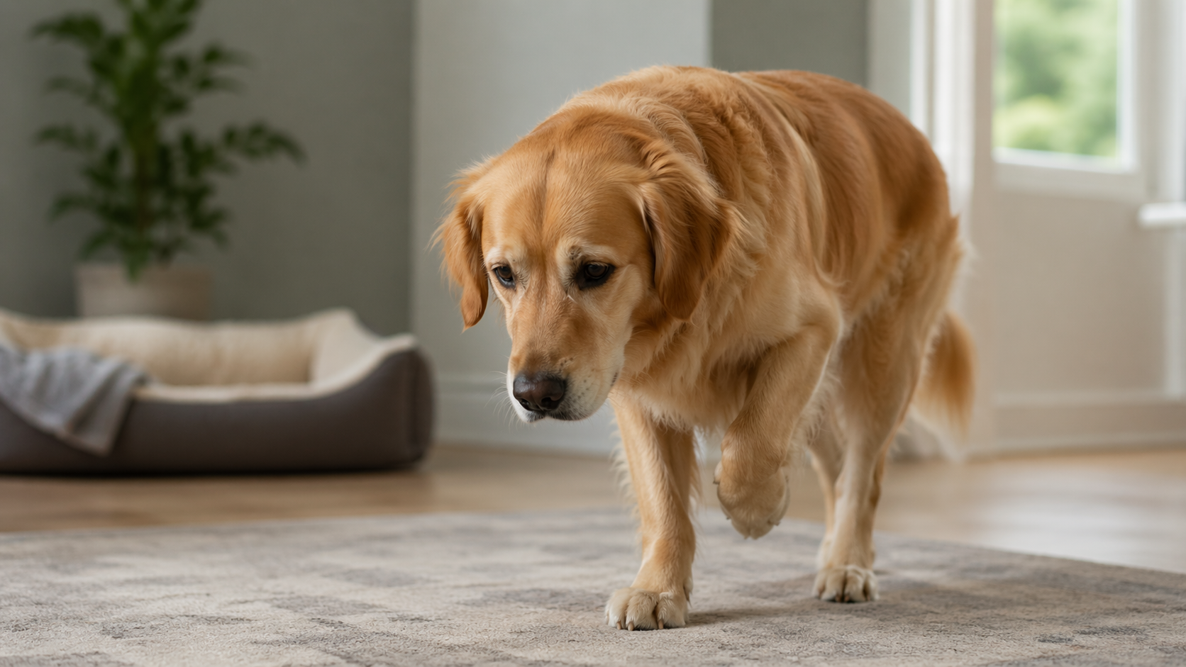 Dog walking cautiously in a calm home