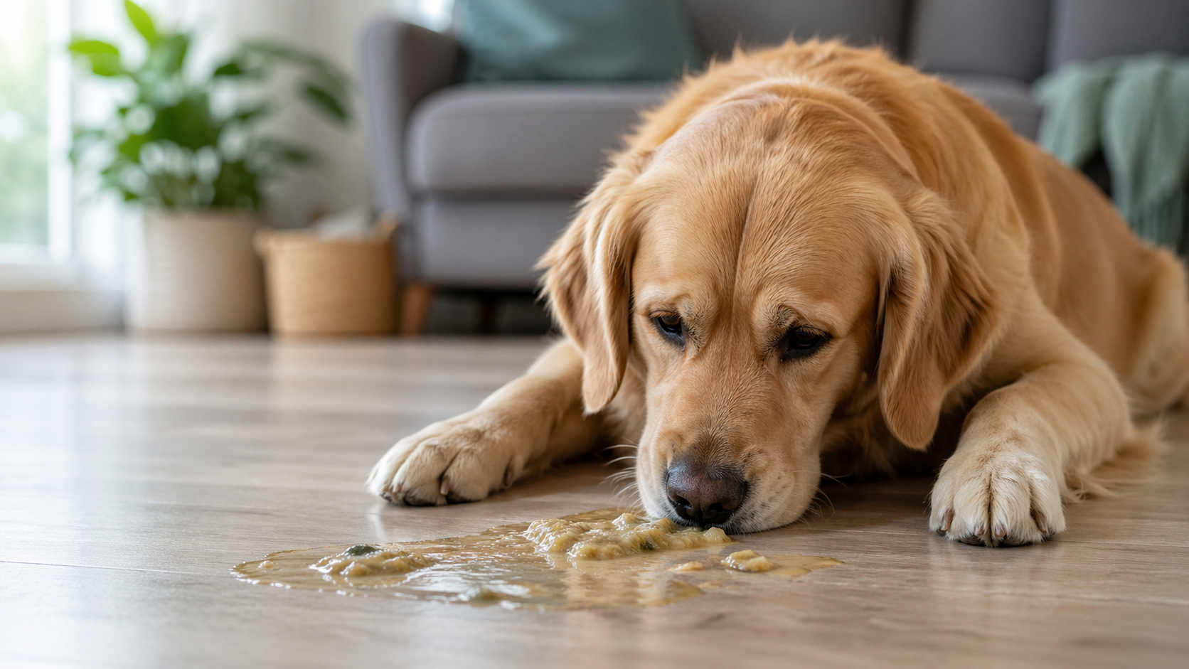 Golden retriever lying beside a mess