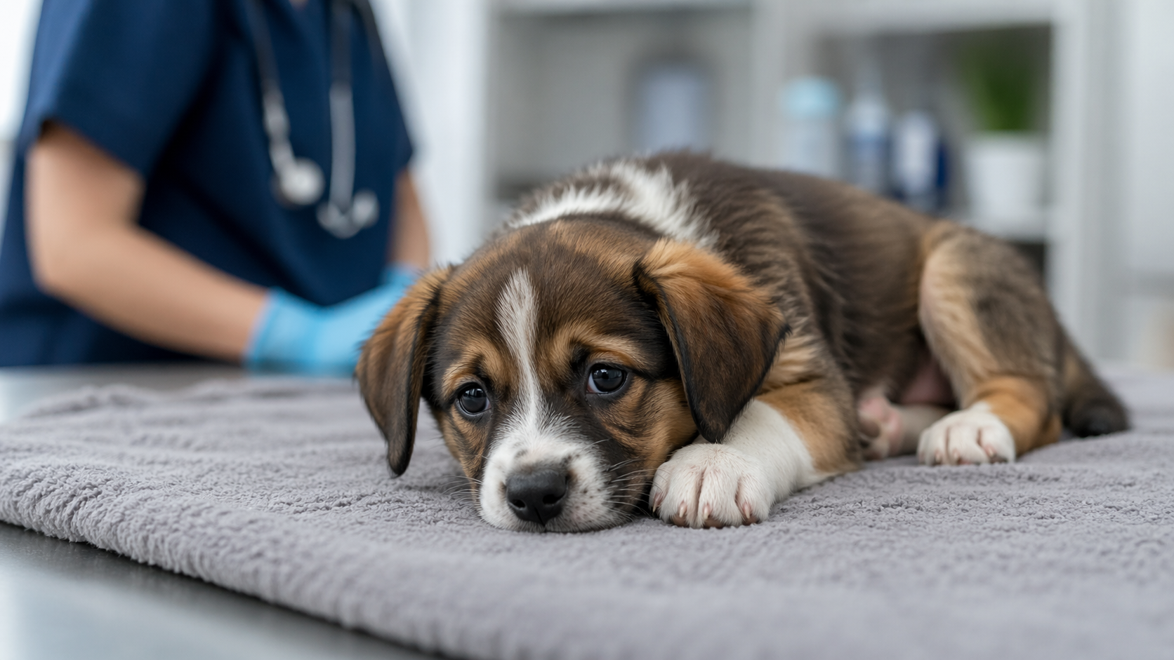 Tired puppy in a vet clinic