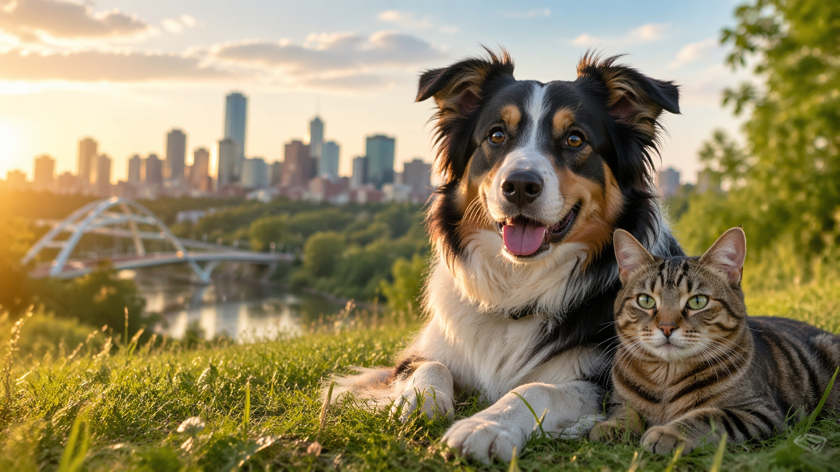 Serene park with dog, cat and city skyline