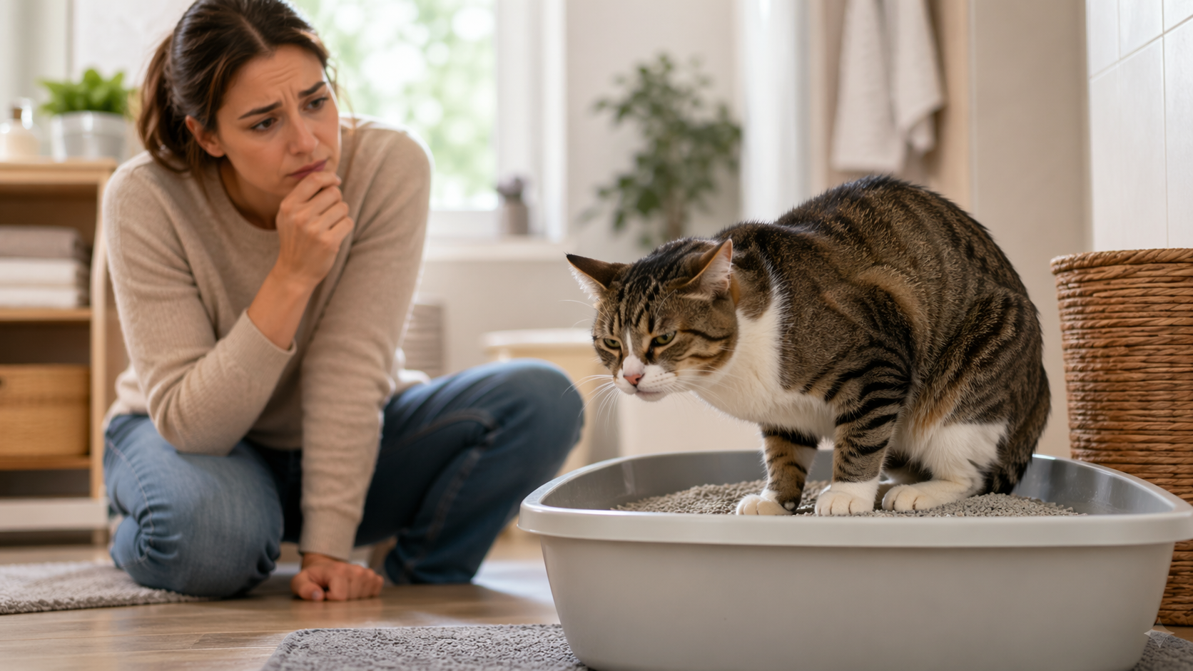 Woman watches cat in the litter box