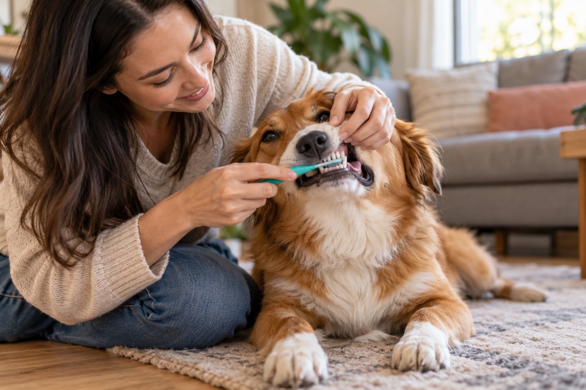Pet owner brushing a happy dog's teeth at home with a pet toothbrush
